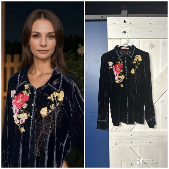 Johnny Was Tops - Johnny Was Embroidered Velvet Silk Button Down Collared Blouse Size Small